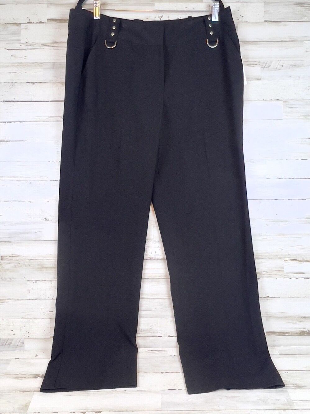 New Directions 16 Womens Black Flat Front Stretch Dress Pants Metal Detail NWT